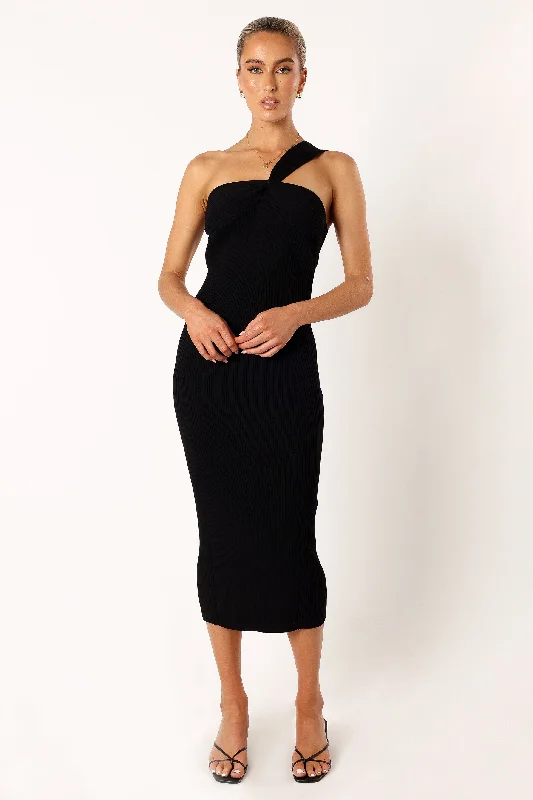 Halle One Shoulder Midi Dress - Black