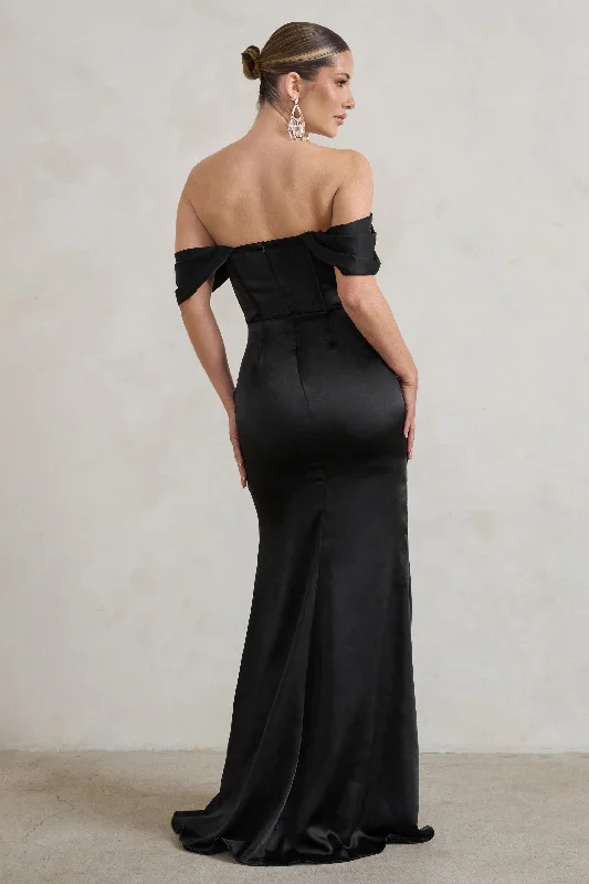 Kimberly | Black Bardot Fishtail Satin Maxi Dress