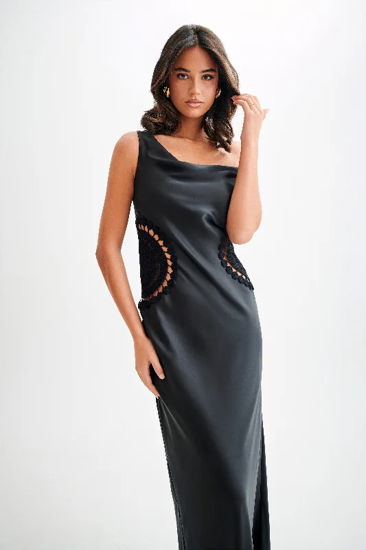 Kristina Satin Maxi Dress With Crochet - Black