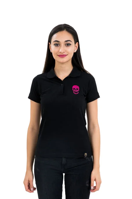 Ladies Black Polo Pink Skull