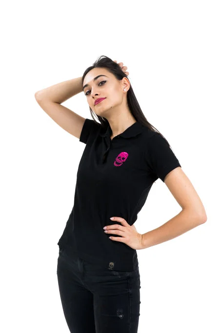 Ladies Black Polo Pink Skull