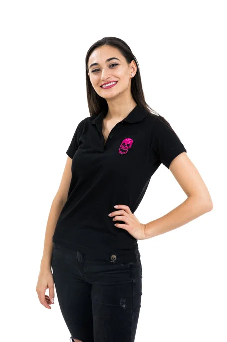 Ladies Black Polo Pink Skull