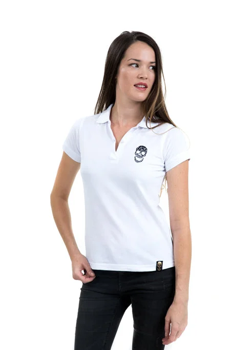 Ladies White Polo Black Skull