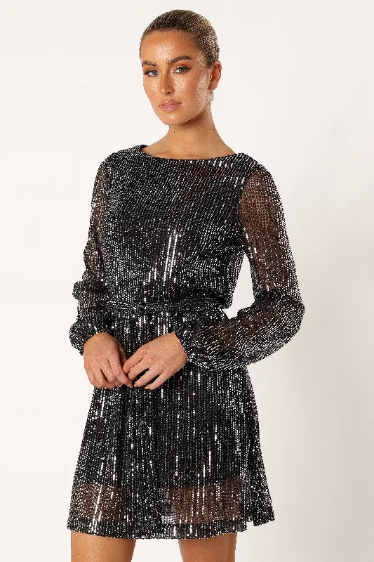 Linnie Long Sleeve Mini Dress - Black Sequin