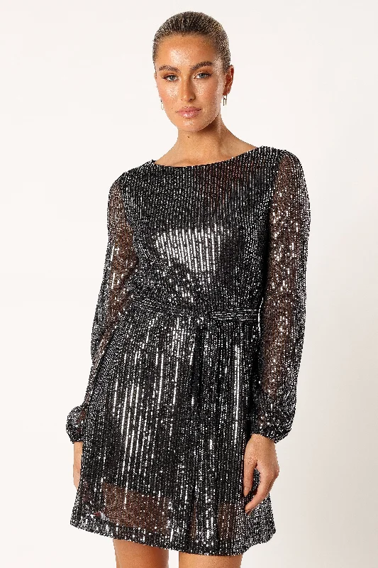 Linnie Long Sleeve Mini Dress - Black Sequin