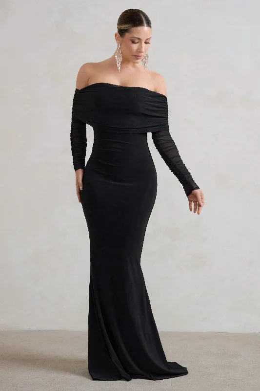 Madeleine | Black Fishtail Maxi Dress With Bardot Mesh Long Sleeves