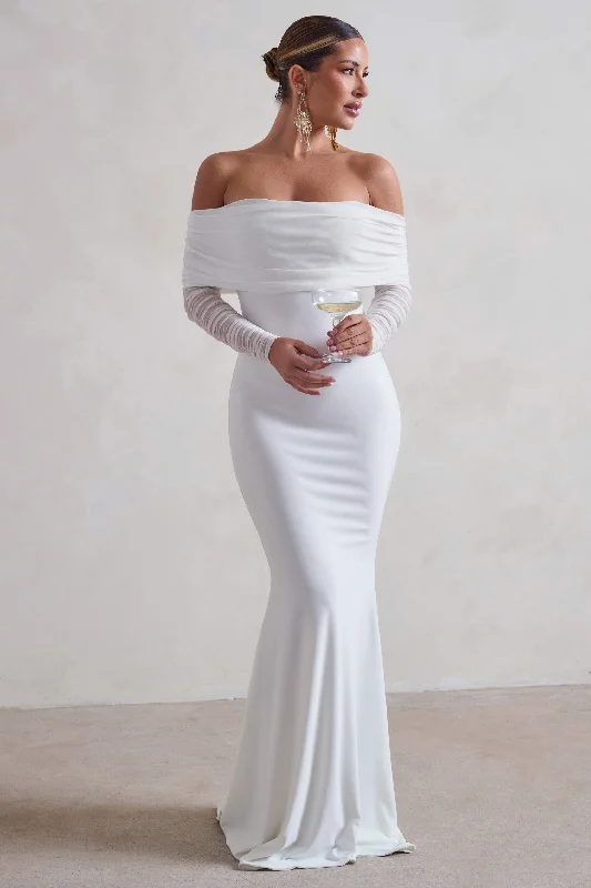 Madeleine | White Fishtail Maxi Dress With Bardot Mesh Long Sleeves