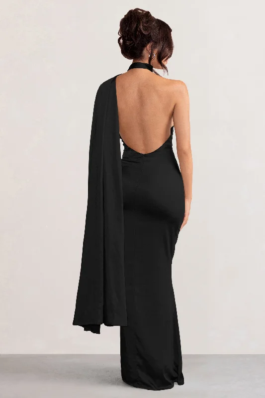 Mademoiselle | Black Satin Asymmetric Scarf Neck Backless Maxi Dress