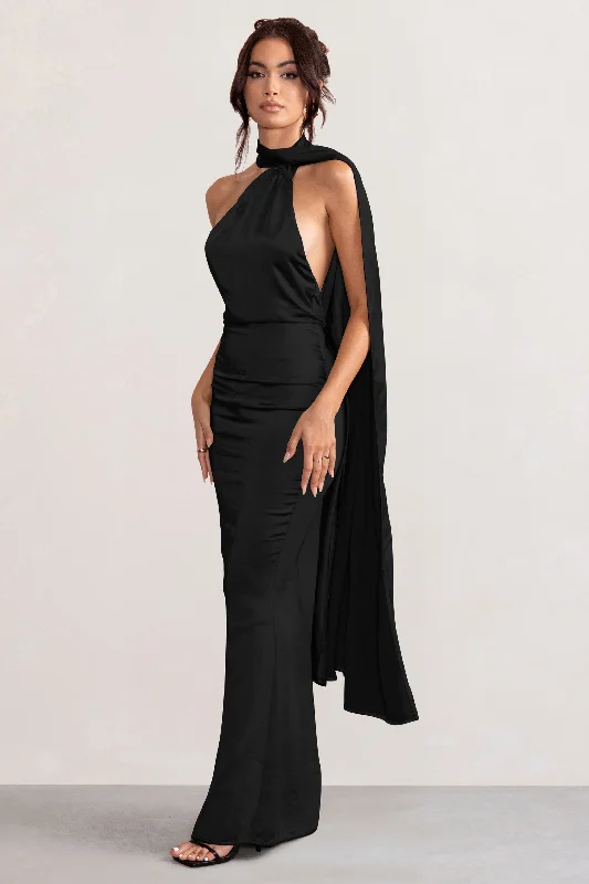 Mademoiselle | Black Satin Asymmetric Scarf Neck Backless Maxi Dress