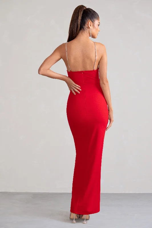 Notes To Self | Red Square Neck Thigh Split Maxi Dress