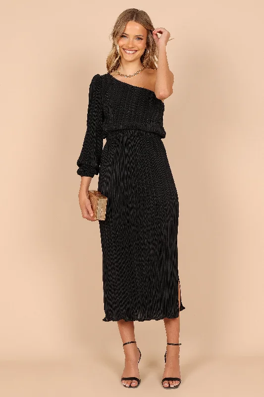 Pontee One Shoulder Pleated Midi Dress - Black