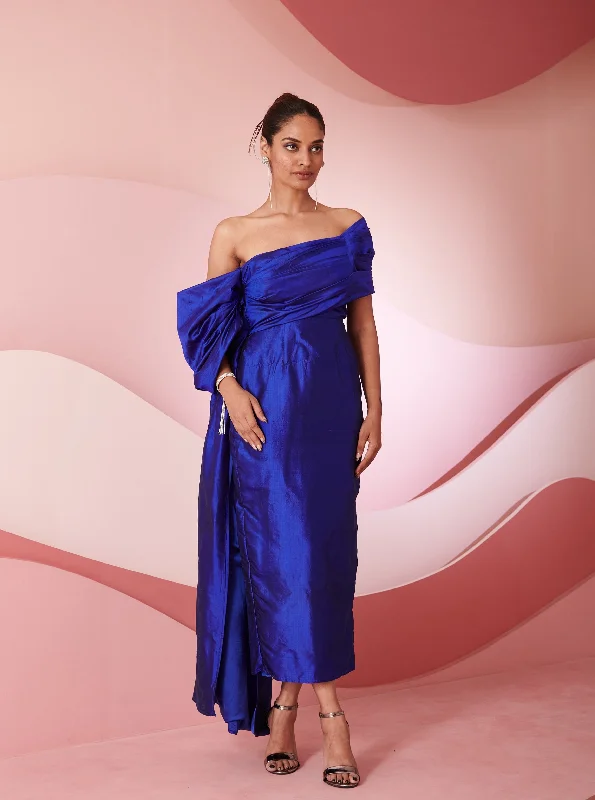 Sedna Blue Silk Draped Column Gown