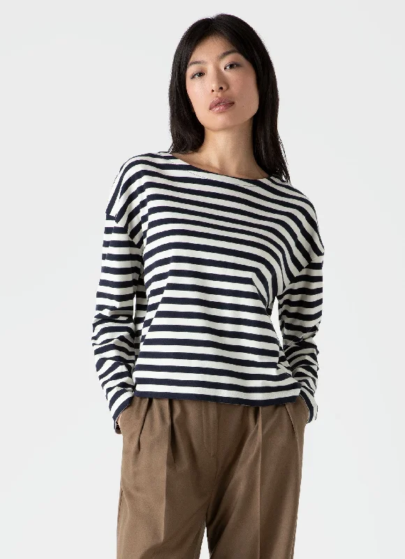 Women's Long Sleeve Boatneck T-shirt in Navy/Ecru Block Stripe