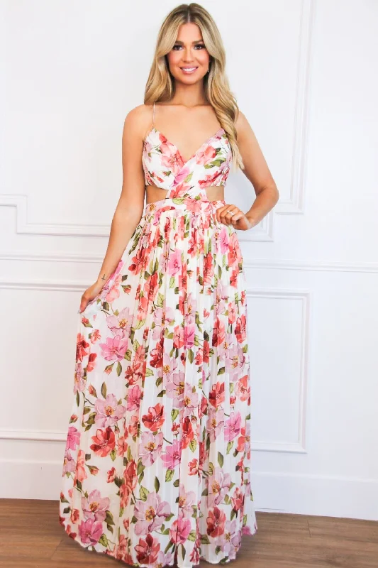 Beach Bliss Pleated Floral Maxi Dress: White Multi