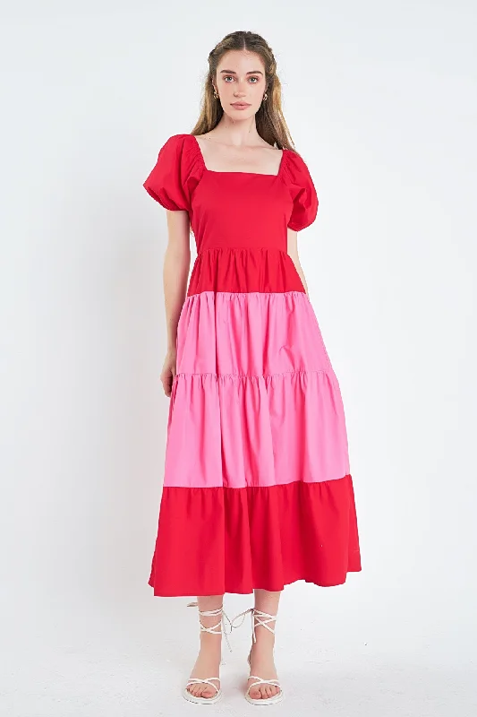 Color Block Puff Sleeve Maxi Dress