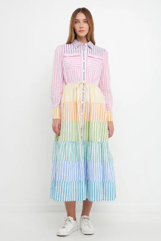 Colorblock Collared Maxi Shirts Dress