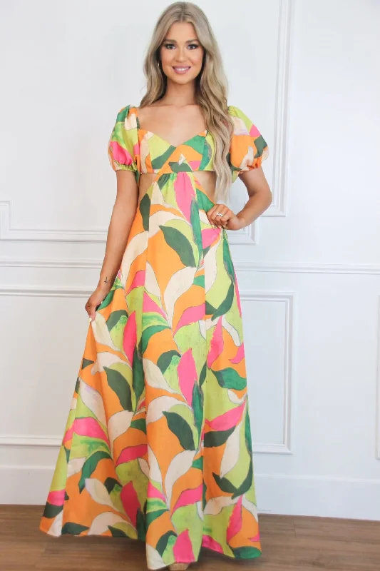 Eyes on Paradise Cutout Floral Maxi Dress: Orange/Lime Multi