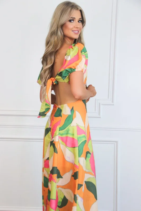 Eyes on Paradise Cutout Floral Maxi Dress: Orange/Lime Multi