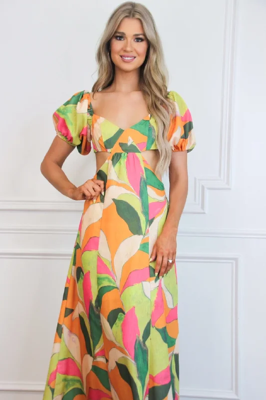 Eyes on Paradise Cutout Floral Maxi Dress: Orange/Lime Multi