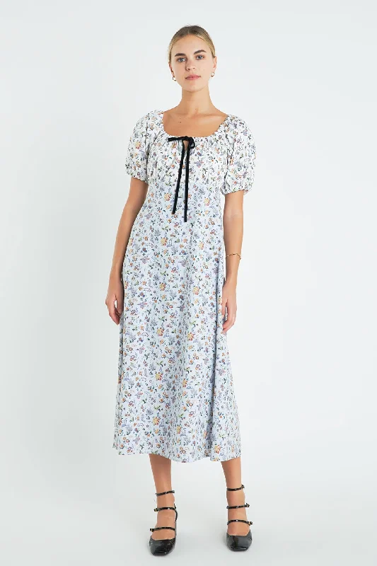 Floral Print Puff Sleeve Maxi Dress