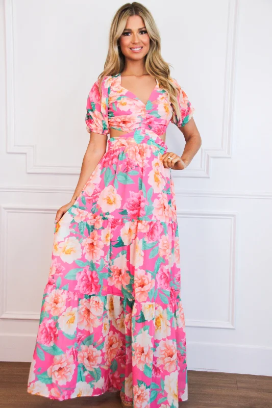 Isla Del Sol Floral Cutout Maxi Dress: Fuchsia Multi