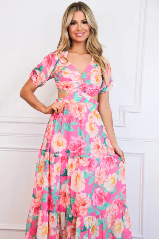 Isla Del Sol Floral Cutout Maxi Dress: Fuchsia Multi