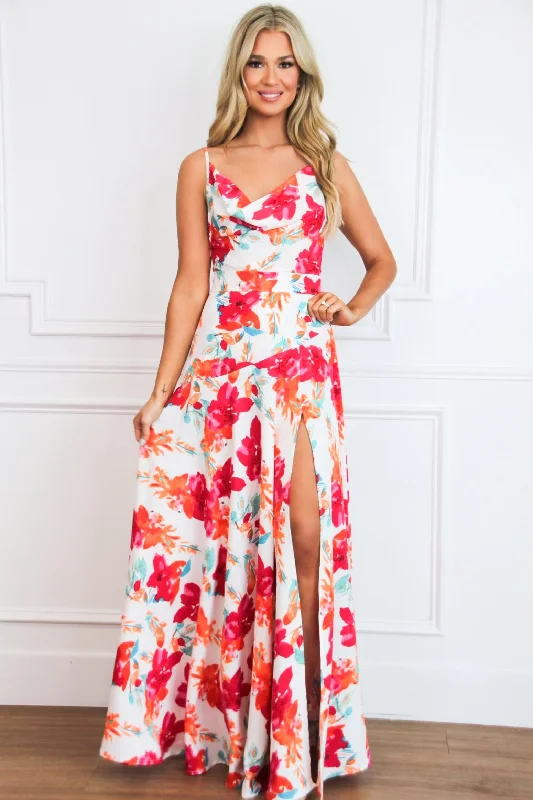 Island Escape Cowl Neck Floral Satin Maxi Dress: White Multi