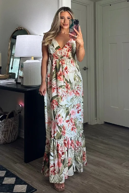 Ocean Blues Floral Maxi Dress: Ivory Multi