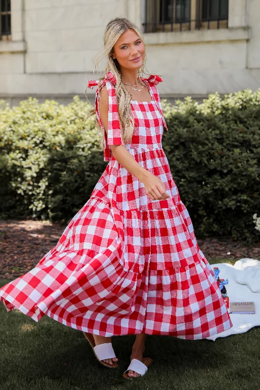 Pretty Picnic Red Gingham Tiered Maxi Dress