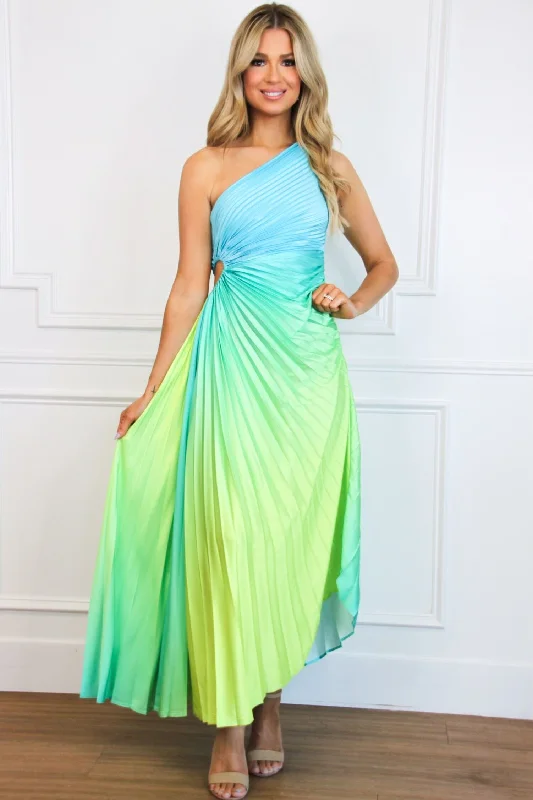 St Tropez Ombre Pleated One Shoulder Maxi Dress: Blue/Green Multi