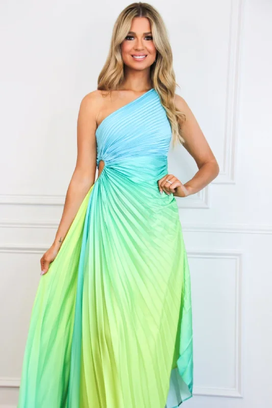 St Tropez Ombre Pleated One Shoulder Maxi Dress: Blue/Green Multi