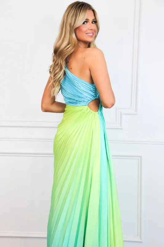 St Tropez Ombre Pleated One Shoulder Maxi Dress: Blue/Green Multi