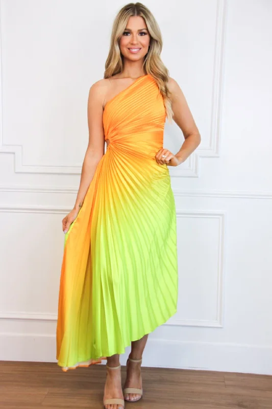 St Tropez Ombre Pleated One Shoulder Maxi Dress: Orange/Green Multi