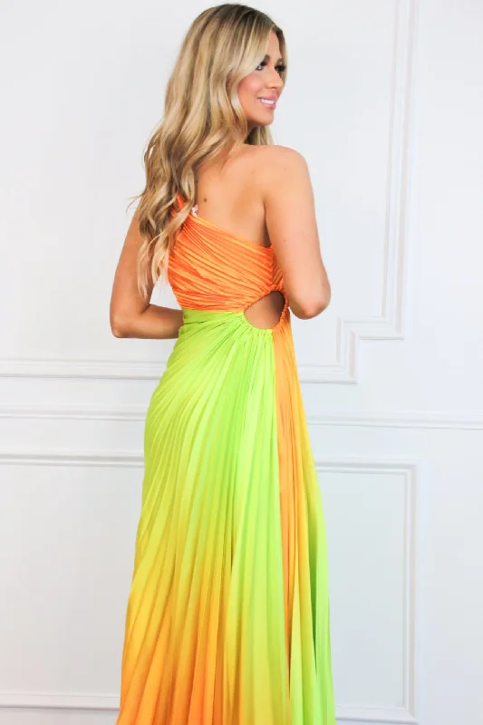 St Tropez Ombre Pleated One Shoulder Maxi Dress: Orange/Green Multi