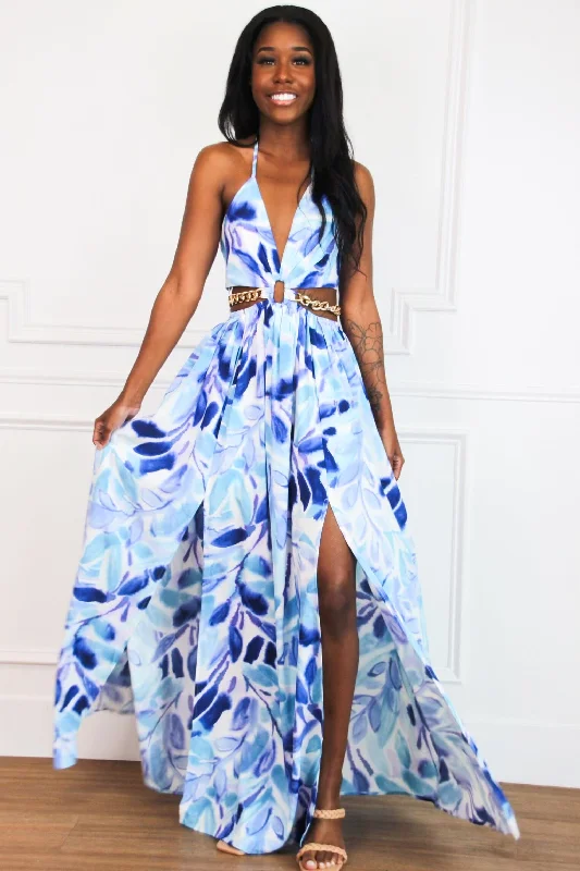 Summer Swirl Cutout Chain Maxi Dress: Royal Blue/White Multi