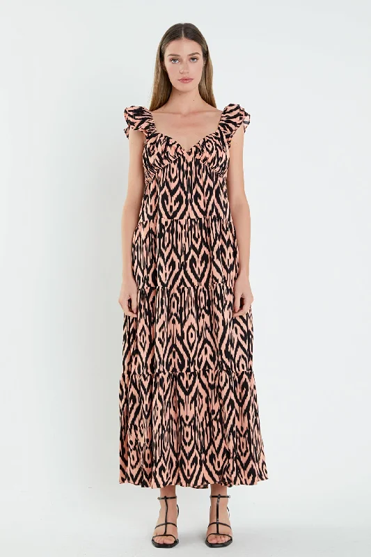 Tiger Print Ruffle Sleeve Maxi Dress