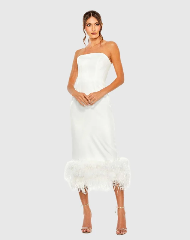 Strapless Column Dress with Feather Trim