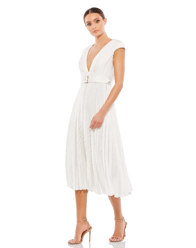 Pleated Cap Sleeve Belted A Line Dress