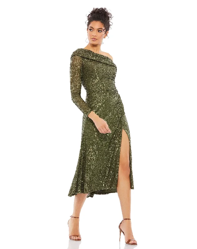 One Shoulder Sequin Long Sleeve Midi Dress