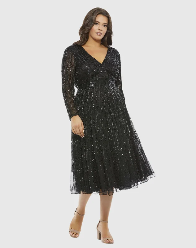 Sequined V-Neck Tea Length Cocktail Dress (Plus)