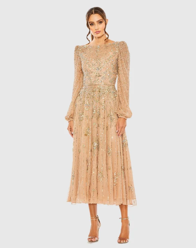 Floral Embellished High Neck Puff Long Sleeve A Line Midi Dress