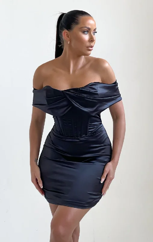 Black Satin Bardot Off The Shoulder Corset Style Bodycon Mini Dress - Sigrid