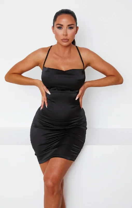 Black Satin Lace Up Back Strappy Bodycon Mini Dress - Clary