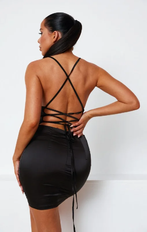 Black Satin Lace Up Back Strappy Bodycon Mini Dress - Clary