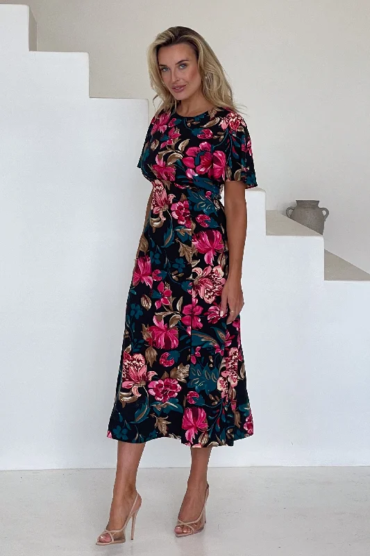 Britney Pink & Black Floral Angel Sleeve Midi Dress