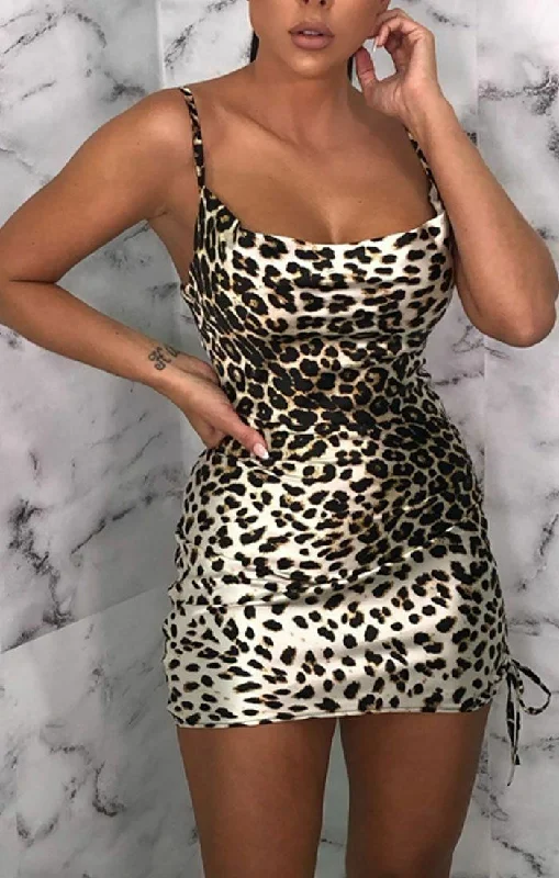 Brown Leopard Print Satin Ruched Side Slip Mini Dress - Maeve