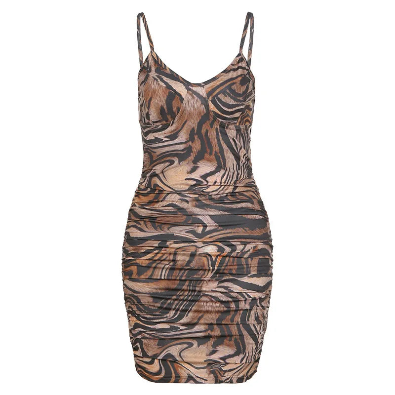 Low Cut Printed Graphic Summer Casual Vintage Sling Bodycon Mini Dress