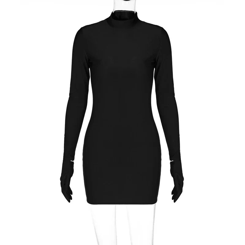 Long Sleeve Gloves Bodycon Sexy Streetwear Party Half Turtleneck Mini Dress