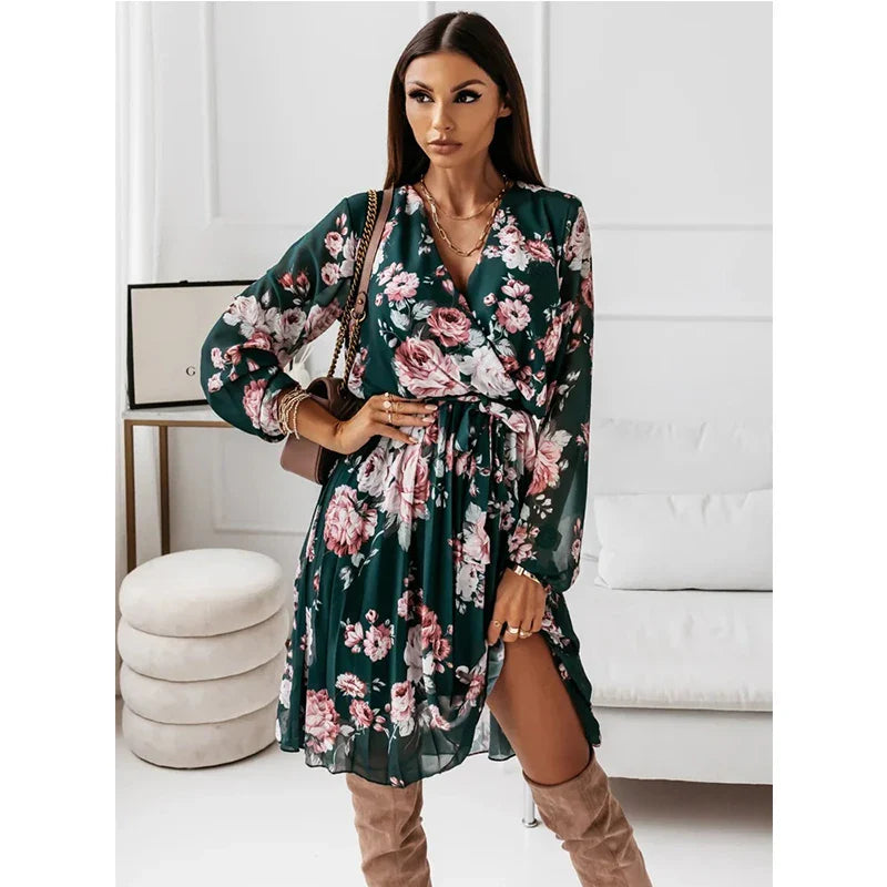 Chiffon Sleeve Floral Print 2024 Autumn Casual Deep V Neck Pleated Office Mini Dress