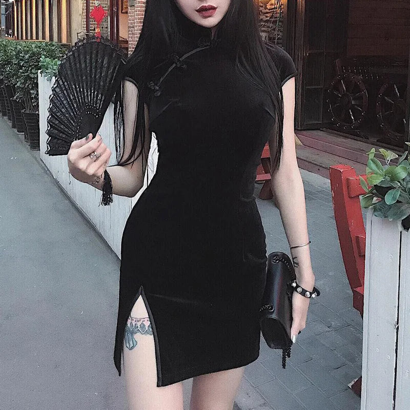 FashionSierra - Dark Women Cheongsam Chinese Style Skinny Streetwear Sexy Vintage Haraiuku Summer Women Clothing Slim 2024 Mini Dress